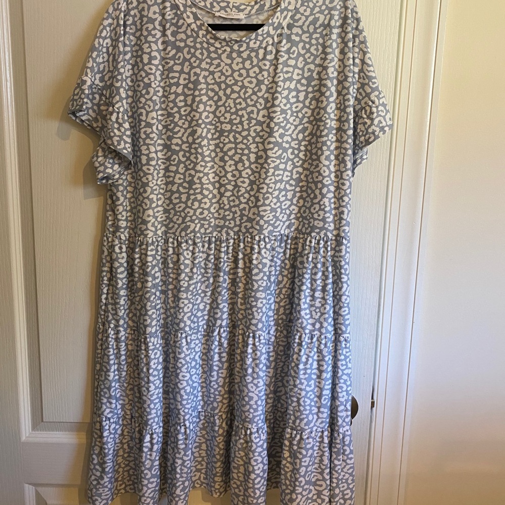 Chic Soul Light Blue and White Tiered Leopard Print Dress